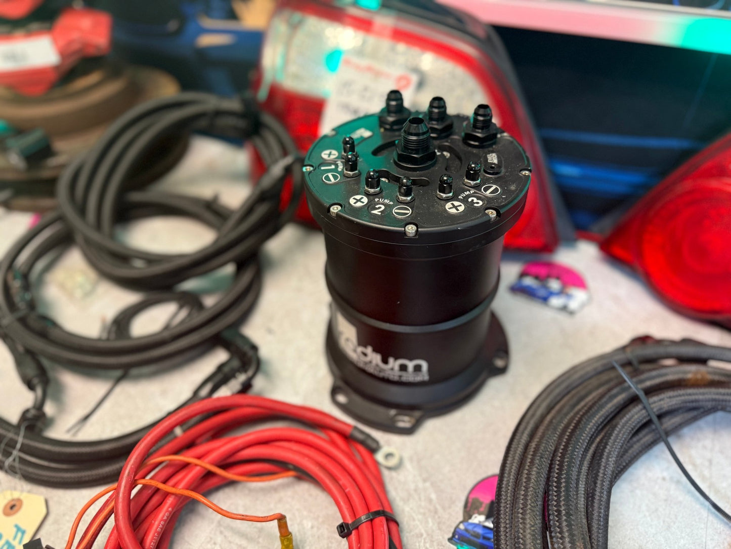 RADIUM engineering triple fuel pump kit surge tank walbro 450 LPH hobb switch braided stainless steel lines wiring