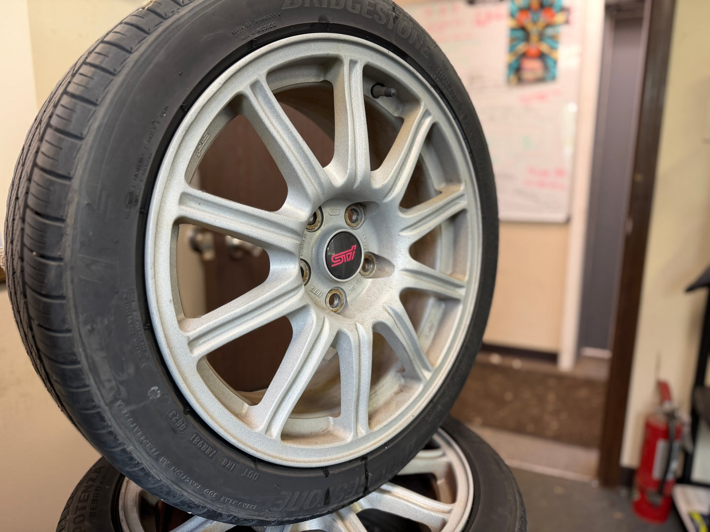 OEM Subaru STi BBS wheels forged 17x8 +53 5x114 w/ 225/45r17 Bridgestone potenza tires wrx