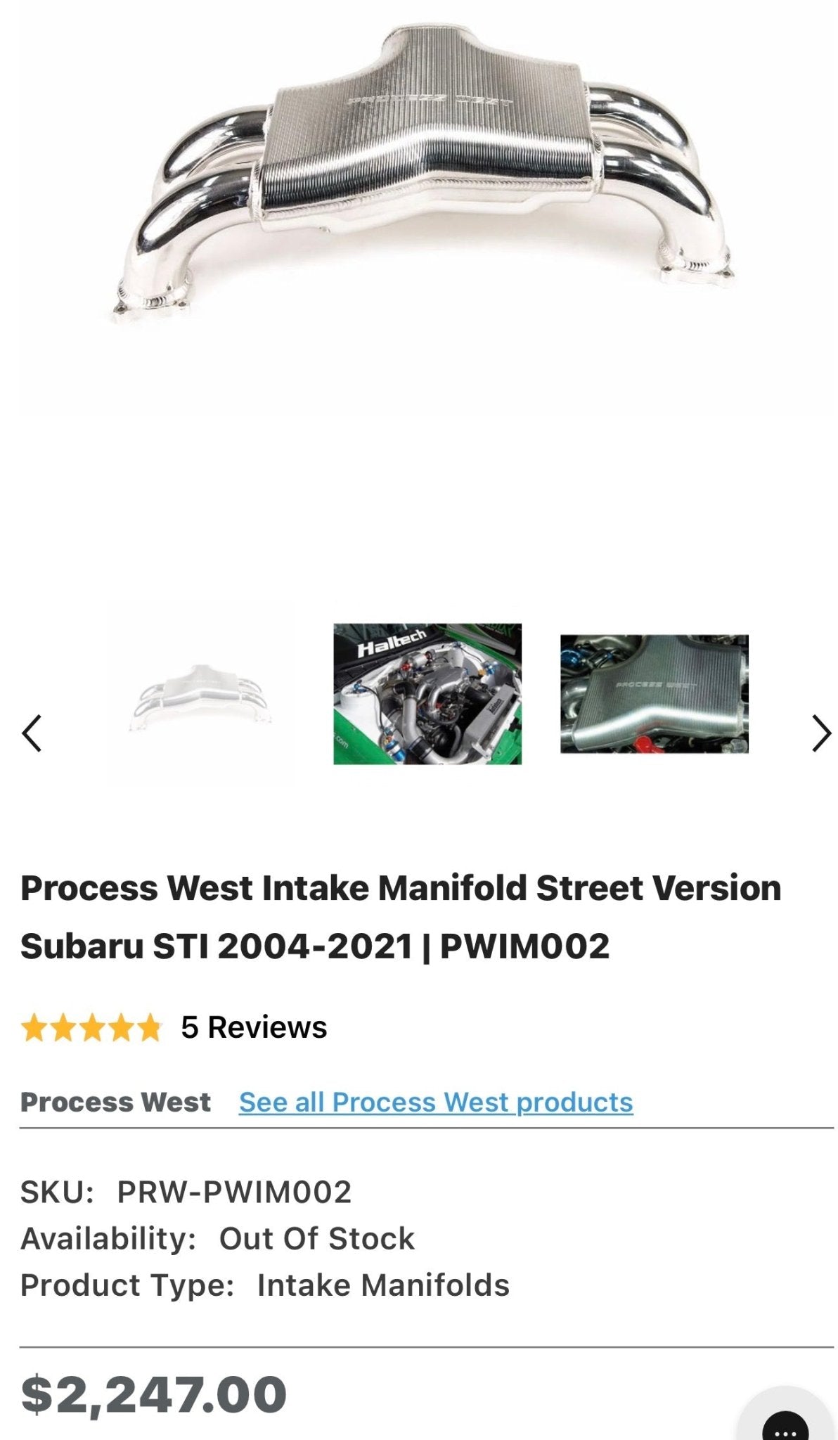 Process west billet street intake manifold Subaru STi & wrx dbw ej257 ( same as Corsa veloce “ stradale “)