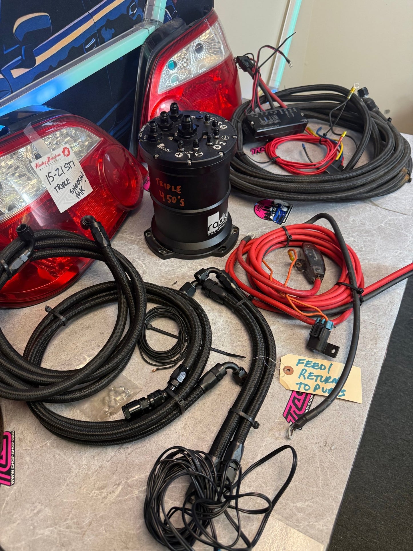 RADIUM engineering triple fuel pump kit surge tank walbro 450 LPH hobb switch braided stainless steel lines wiring