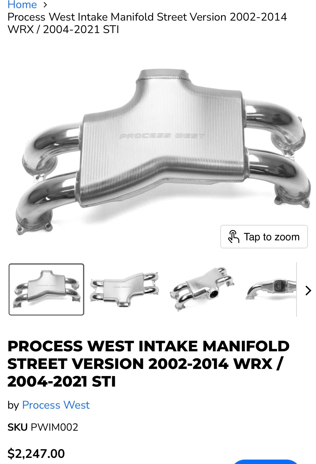 PROCESS WEST billet STREET intake manifold 04-21 Subaru STi ( rear facing )