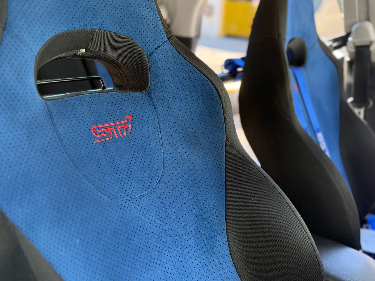 JDM STi v8 blue oem Subaru wrx blobeye Alcantara front seats w/ (1) Sparco harness & harness bar