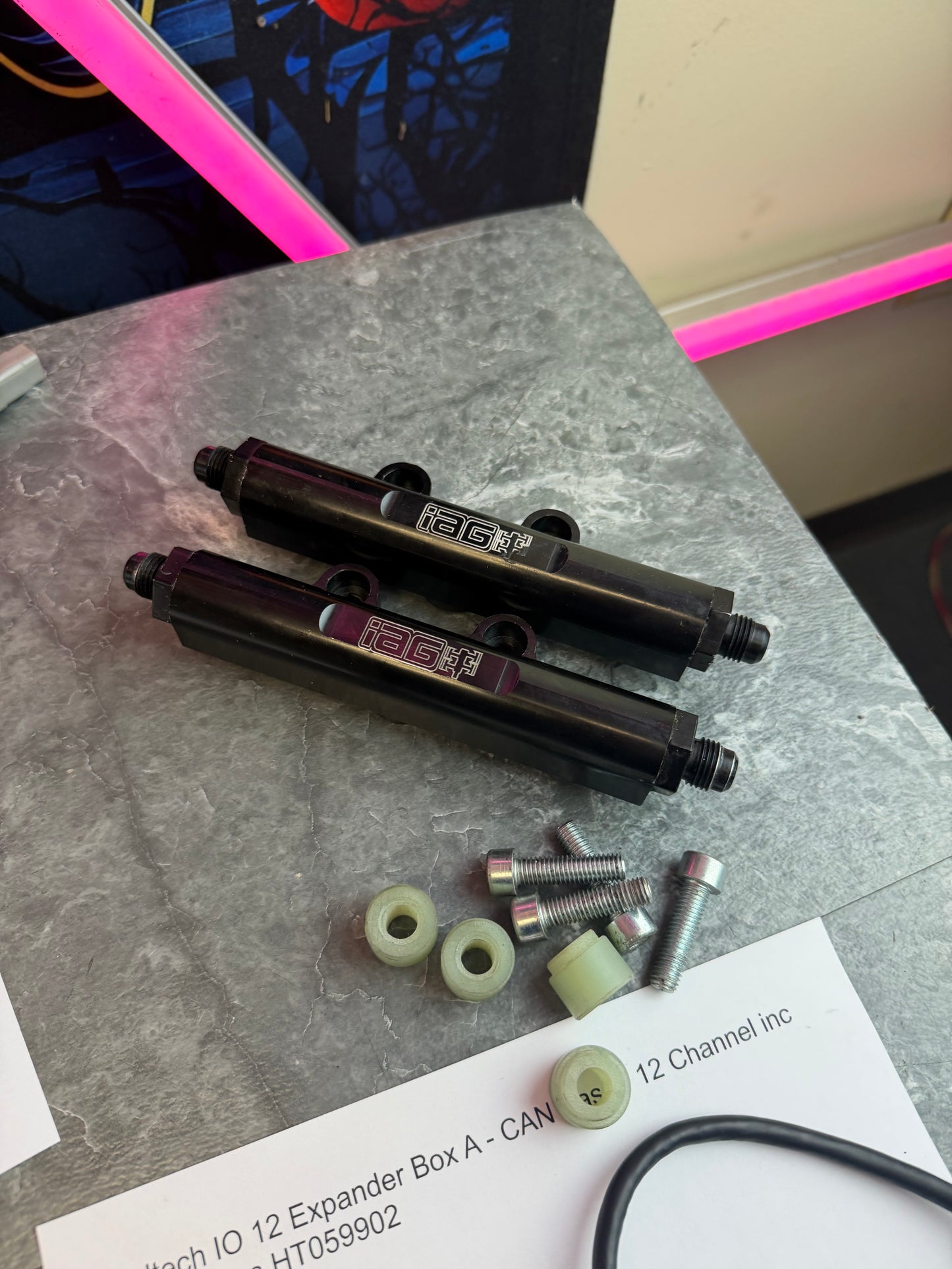 IAG v2 billet black Subaru STi & wrx top feed fuel rails & fittings w/ spacers and bolts