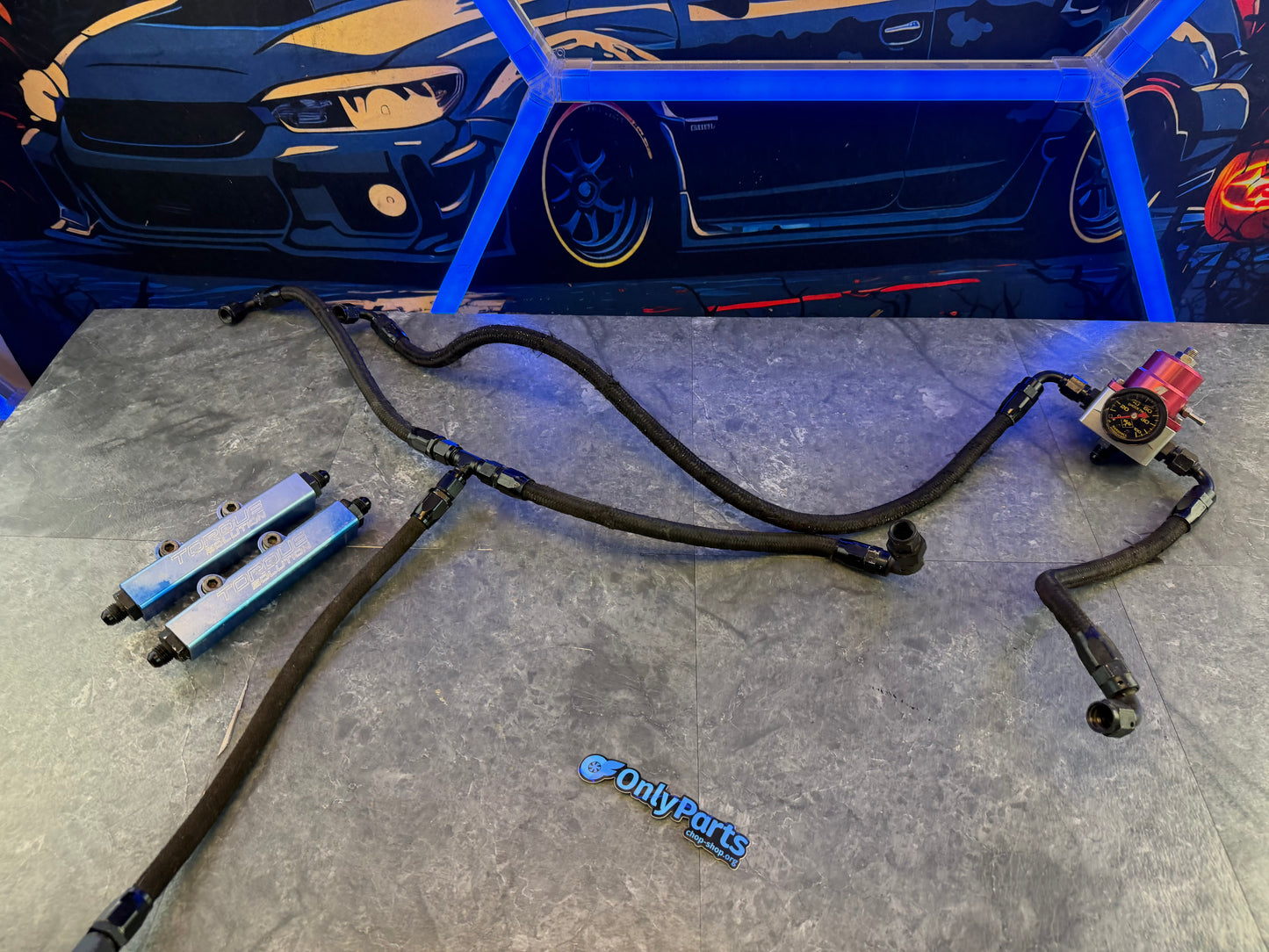 Torque solutions billet top feed fuel rails for Subaru STi & wrx w/ lines and areomotive a 1000 fuel pressure regulator