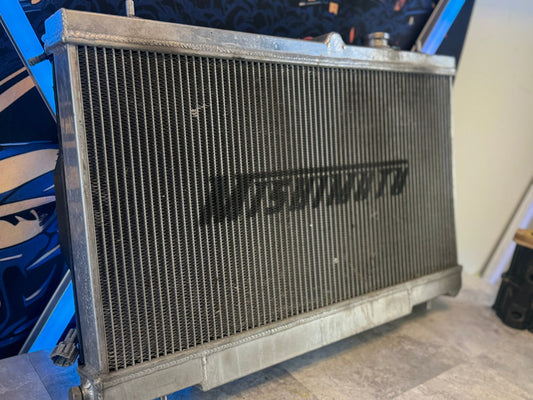 MISHimoto aluminum racing radiator 2004-2007 Subaru STi & wrx w: oem fans and red silicone hoses