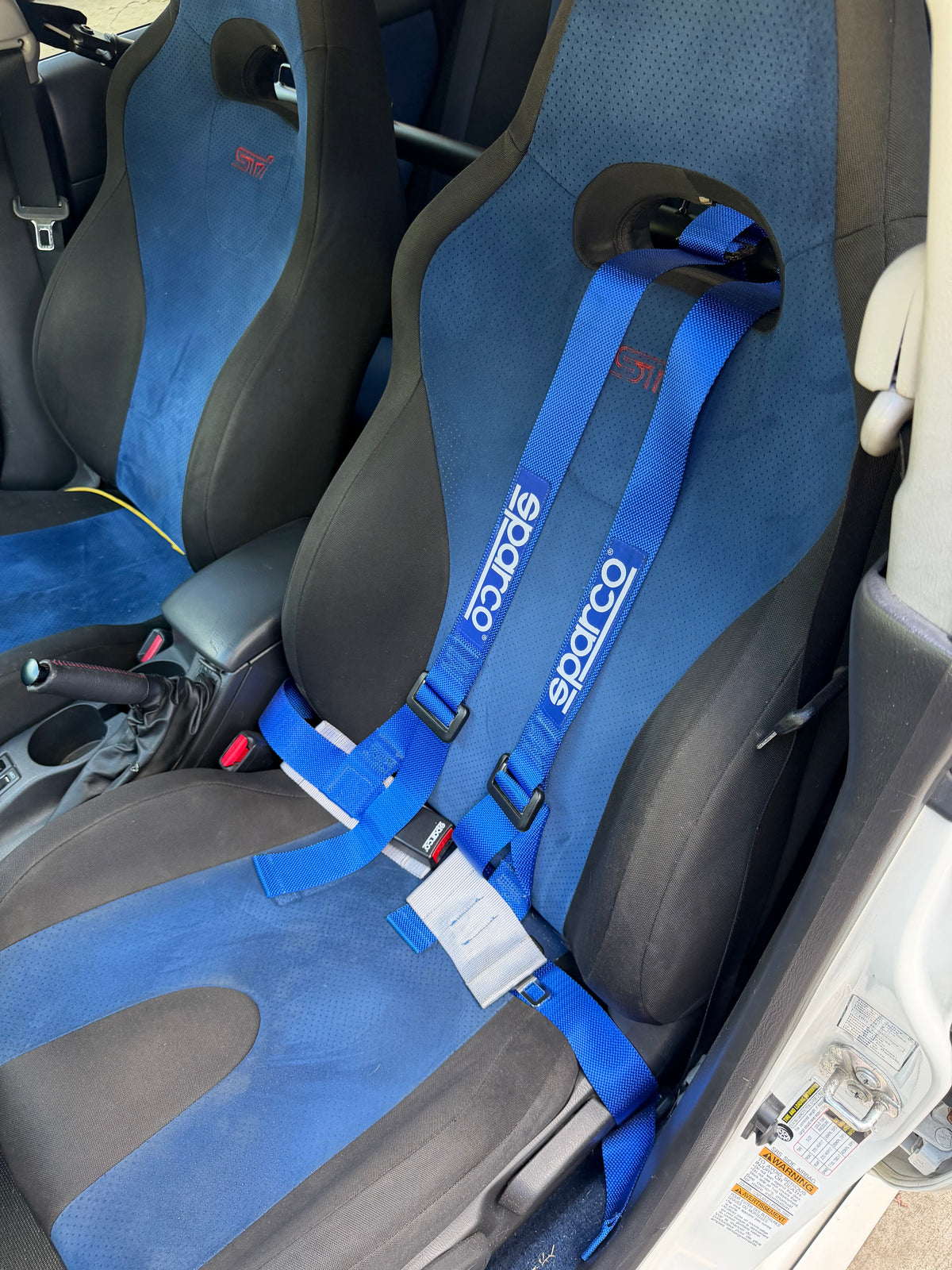 JDM STi v8 blue oem Subaru wrx blobeye Alcantara front seats w/ (1) Sparco harness & harness bar