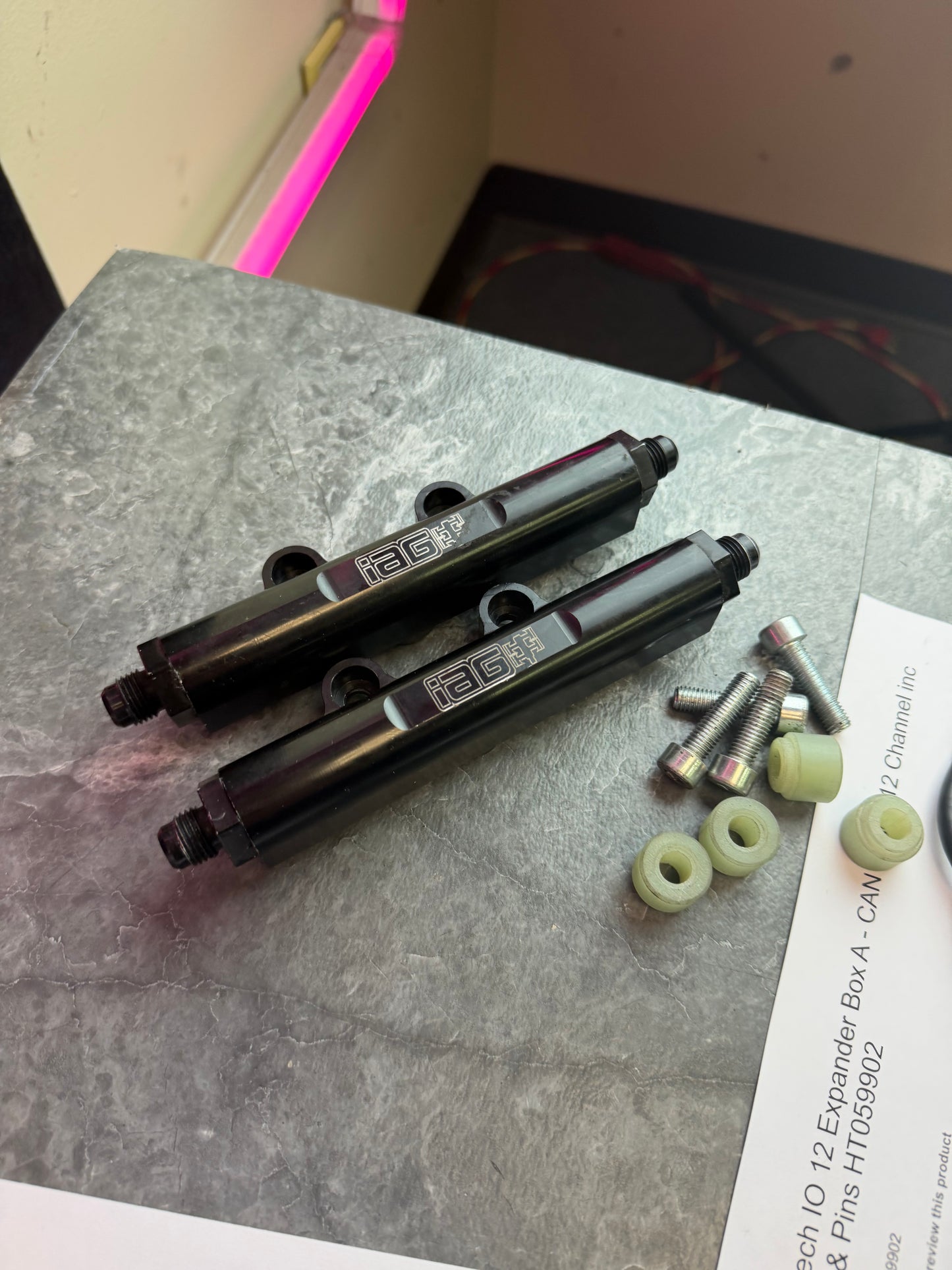 IAG v2 billet black Subaru STi & wrx top feed fuel rails & fittings w/ spacers and bolts