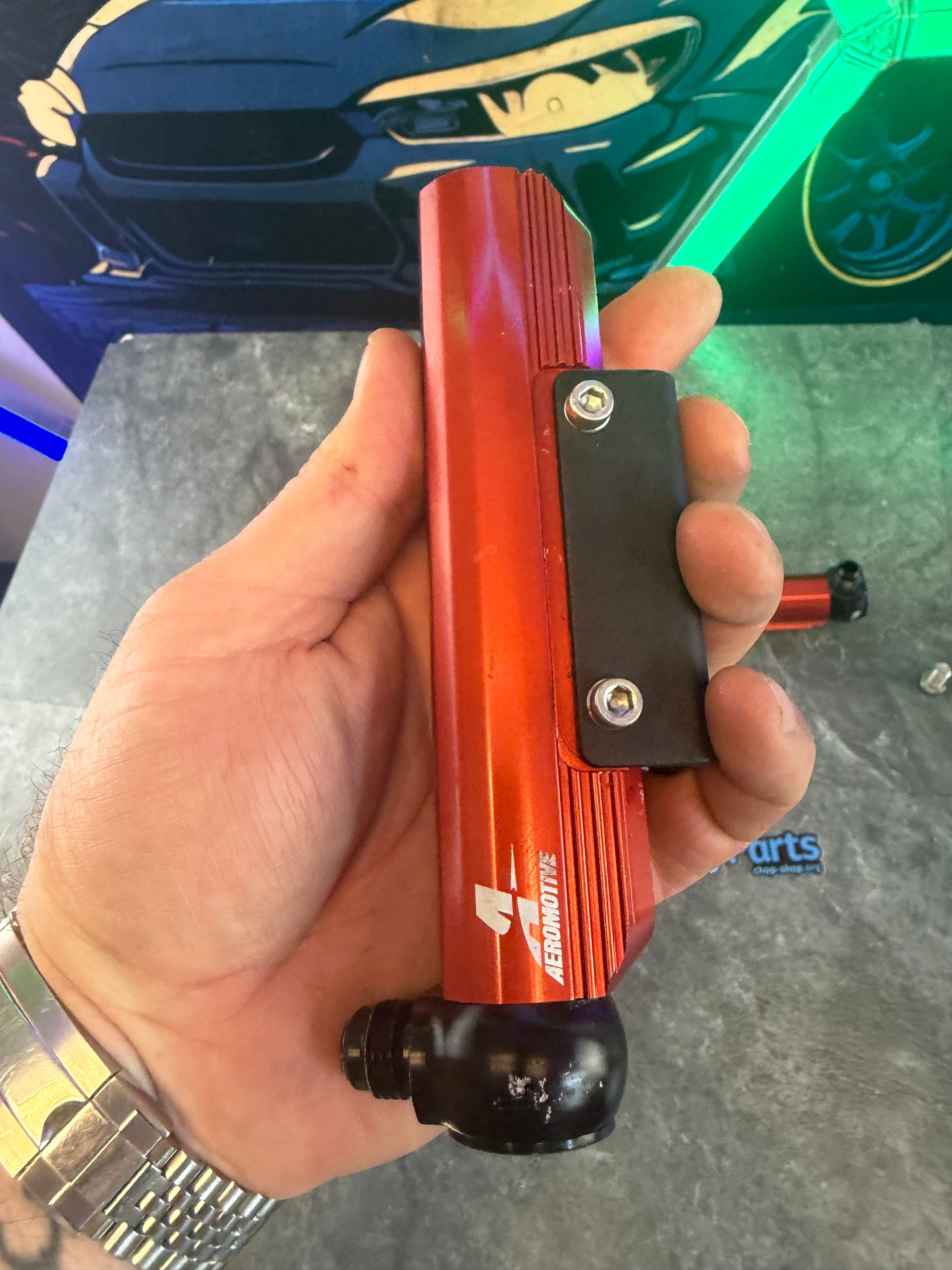 Areomotive fuel rails Subaru STi and wrx top feed billet red