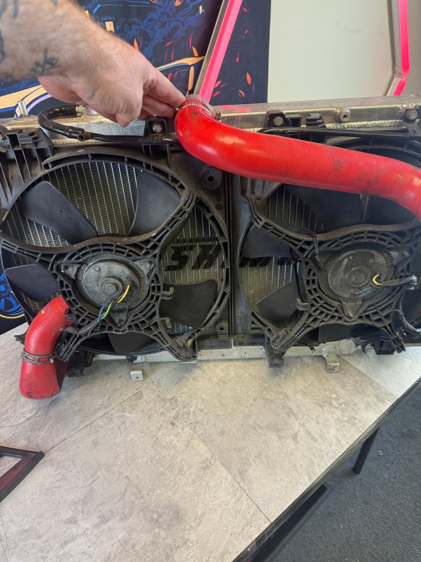 MISHimoto aluminum racing radiator 2004-2007 Subaru STi & wrx w: oem fans and red silicone hoses