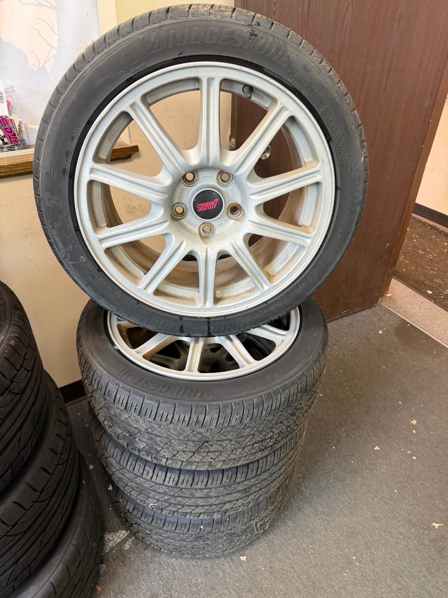 OEM Subaru STi BBS wheels forged 17x8 +53 5x114 w/ 225/45r17 Bridgestone potenza tires wrx