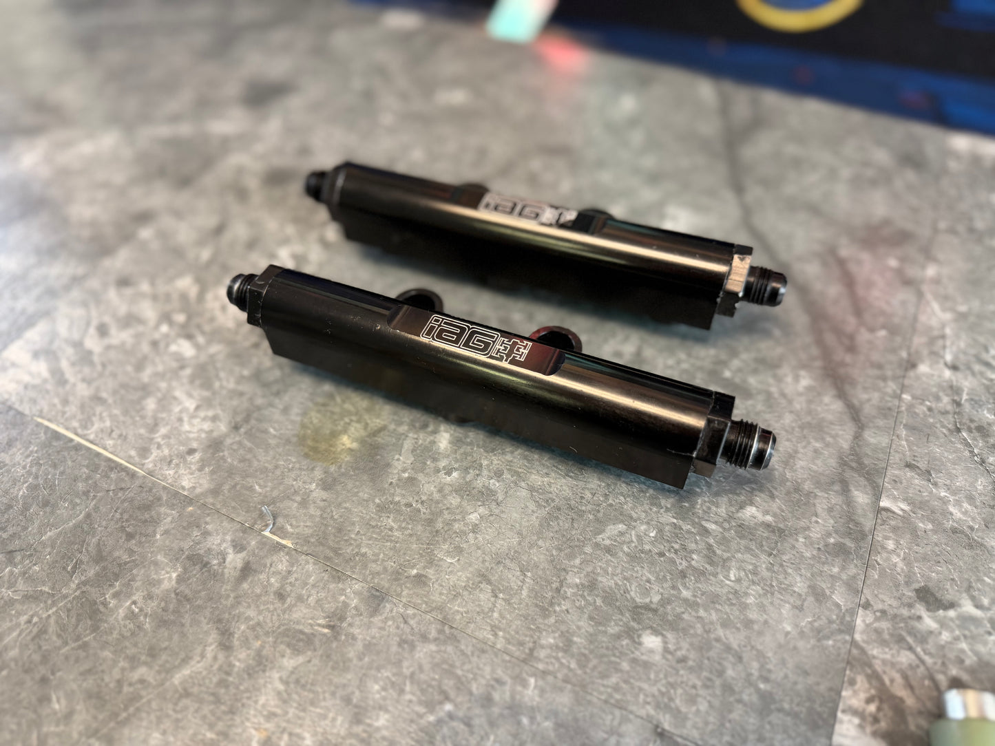 IAG v2 billet black Subaru STi & wrx top feed fuel rails & fittings w/ spacers and bolts