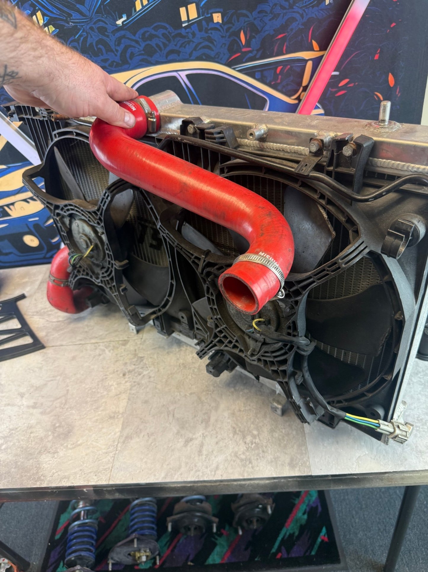 MISHimoto aluminum racing radiator 2004-2007 Subaru STi & wrx w: oem fans and red silicone hoses