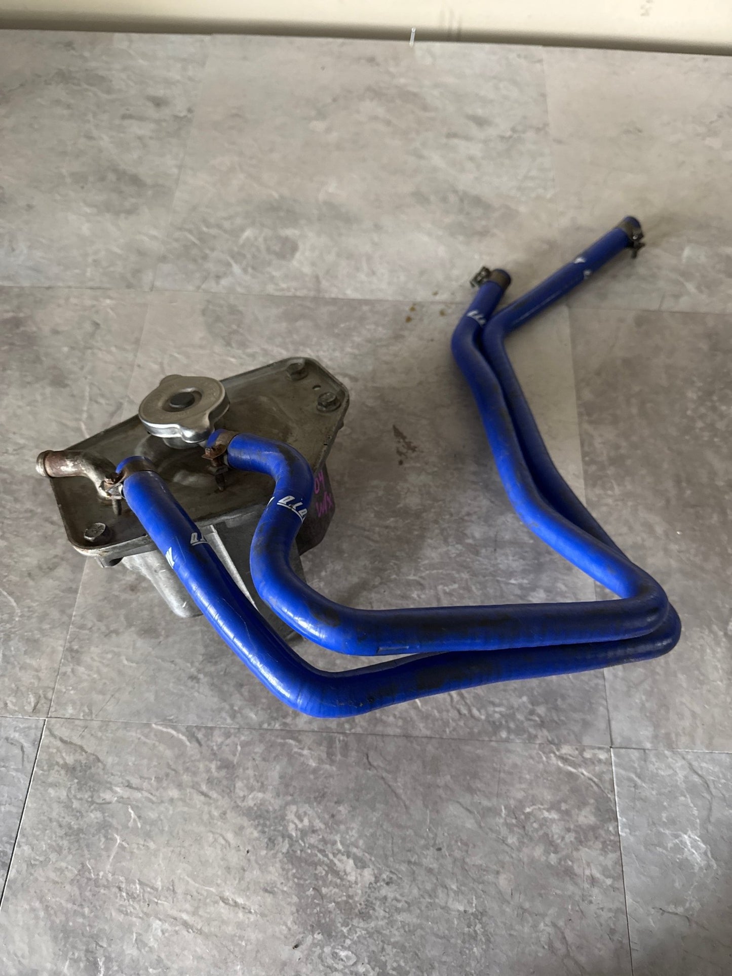 2002-2005 Subaru Impreza WRX STi Metal Coolant Reservoir Expansion Tank OEM w/ 2 Mishimoto Ancillary Hoses