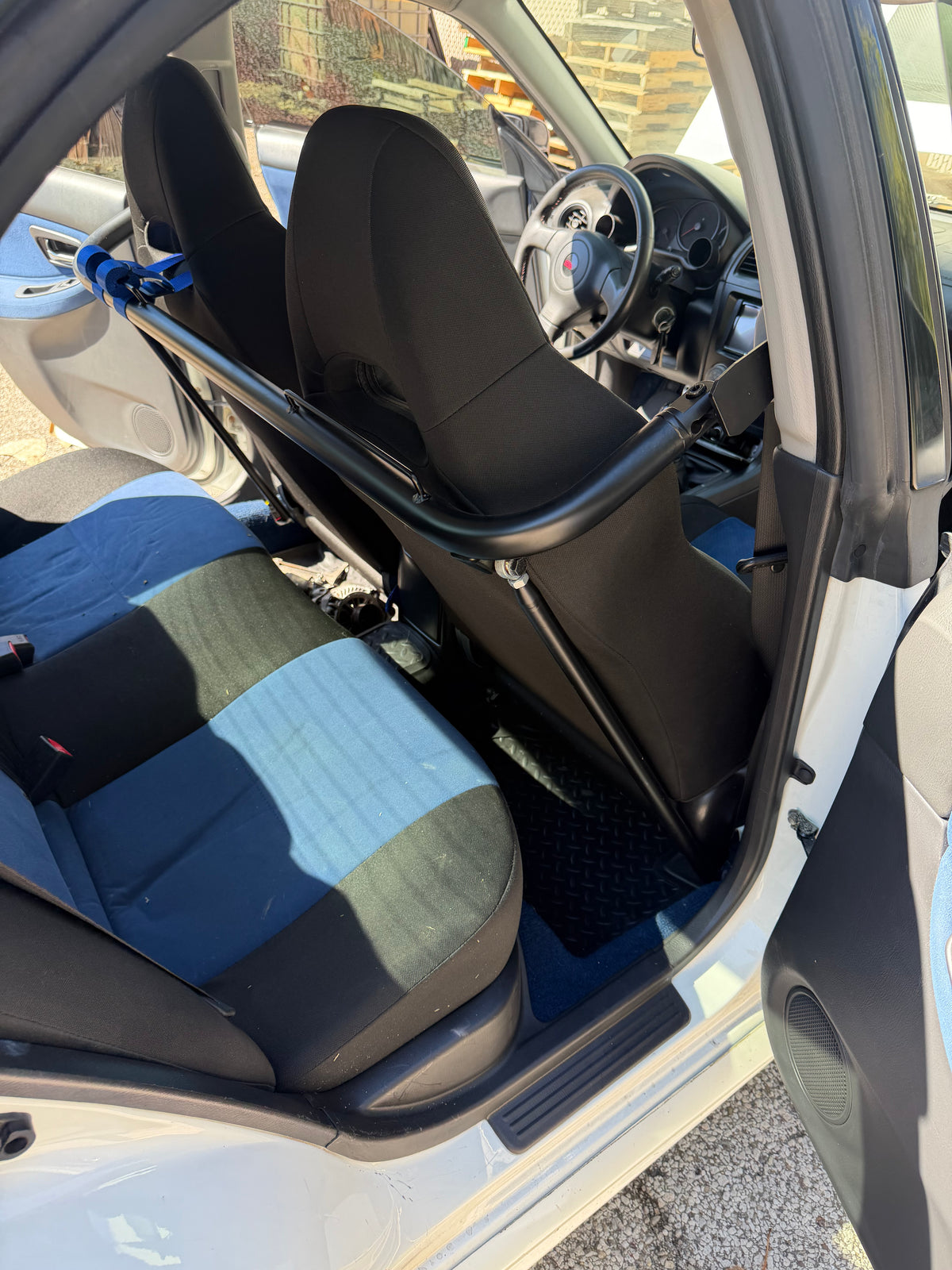 JDM STi v8 blue oem Subaru wrx blobeye Alcantara front seats w/ (1) Sparco harness & harness bar