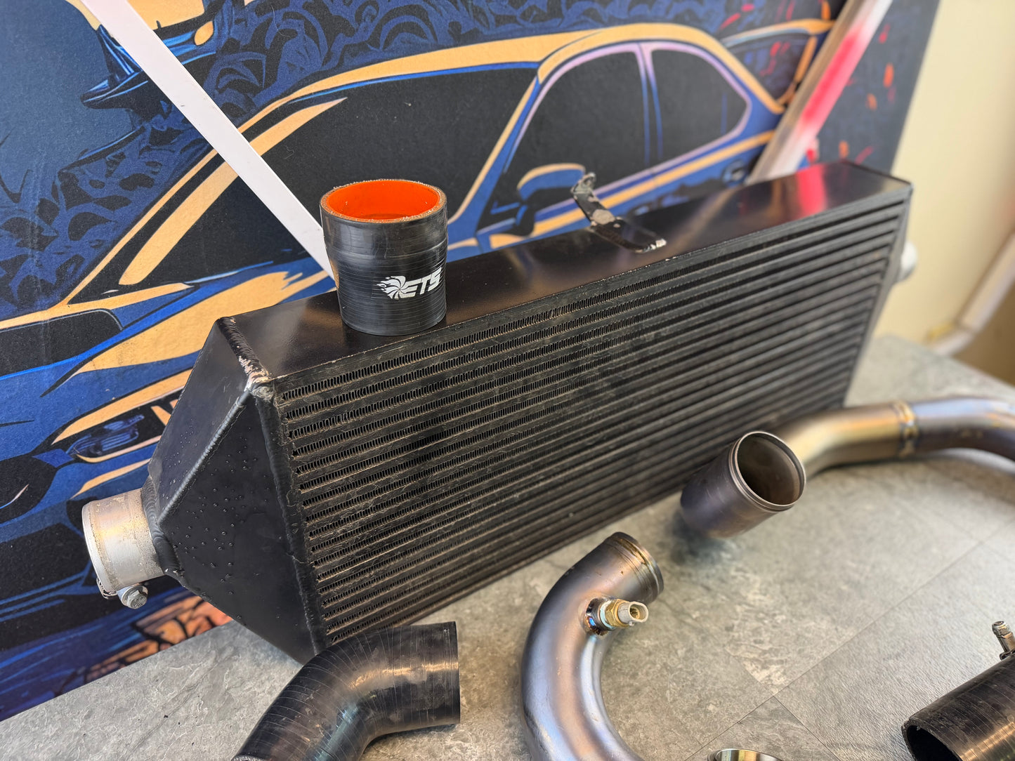 ETS fmic kit 15-21 Subaru STi black 3.5” core extreme turbo systems FRONT MOUNT INTERCOOLER w/ burnt titanium pipes for ROTATED turbo