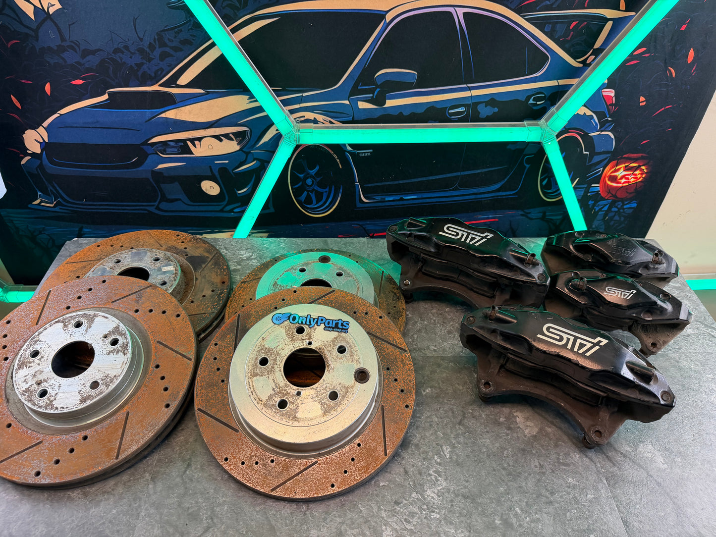 OEM brembo brake calipers 08-16 Subaru STi ( wrx swap ) 5x114 drilled & slotted rotors & carbon ceramic pads
