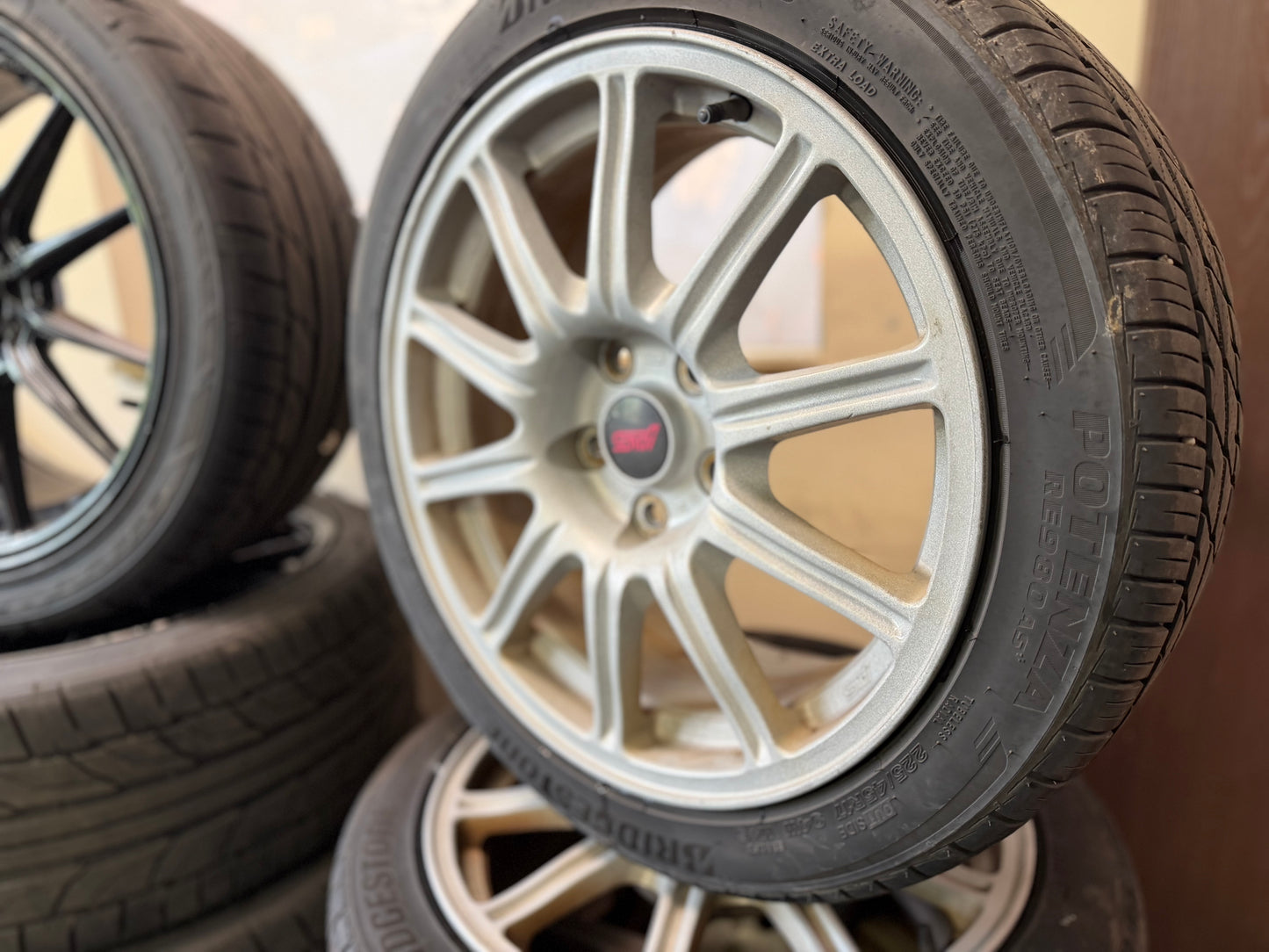 OEM Subaru STi BBS wheels forged 17x8 +53 5x114 w/ 225/45r17 Bridgestone potenza tires wrx