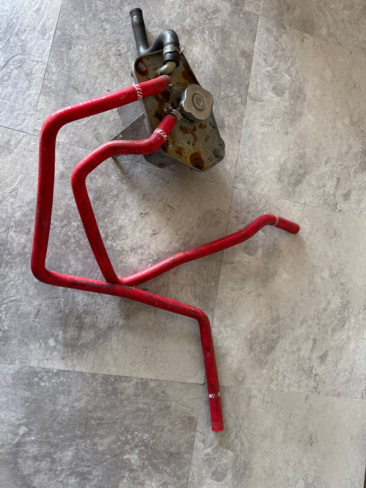 2002-2005 Subaru Impreza WRX STi Metal Coolant Reservoir Expansion Tank OEM w/ 2 Mishimoto Ancillary Hoses