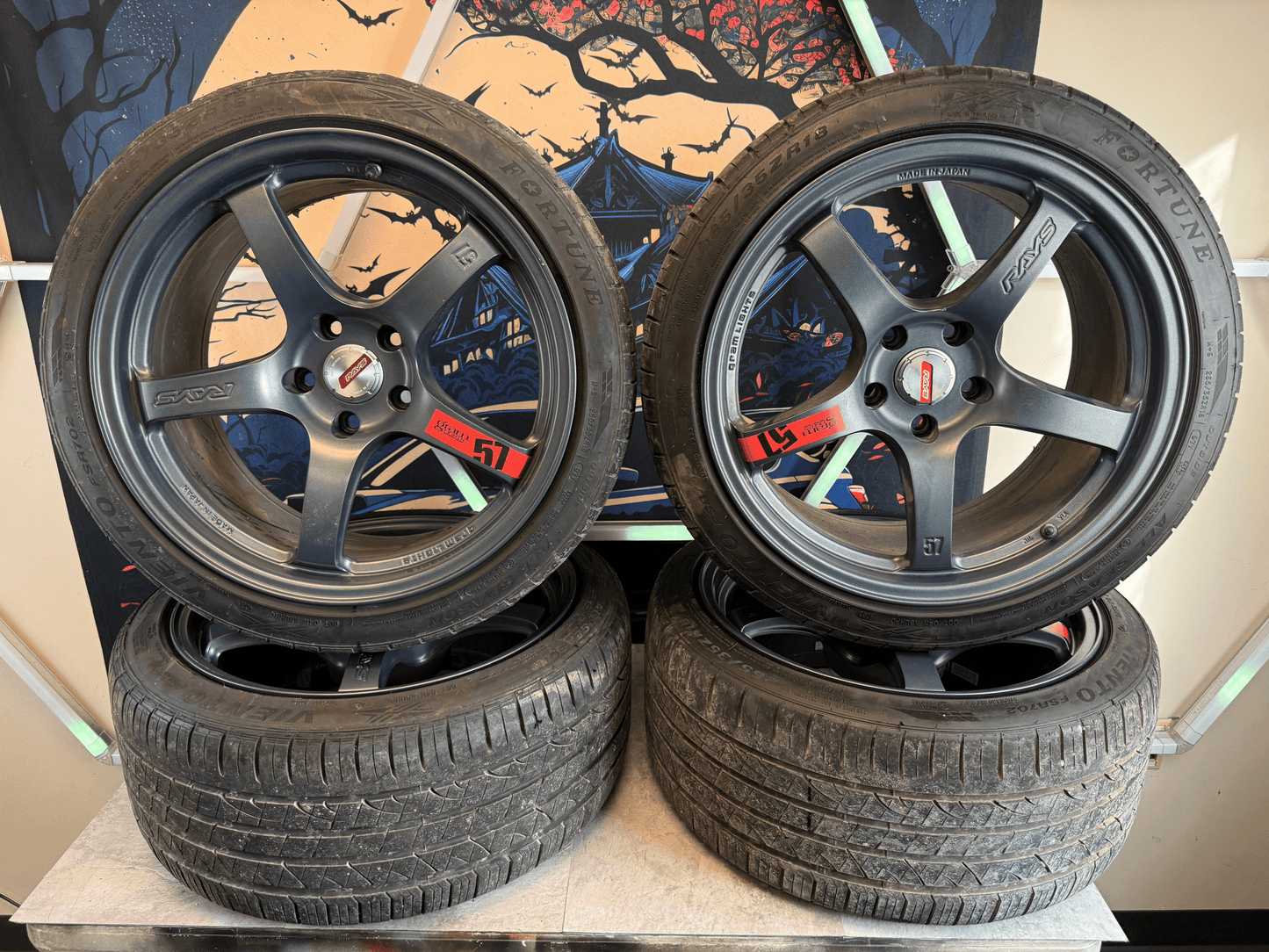 RAYS gramlights gram lights forged wheels & tires Subaru STi 5x114 18x9.5 +22 w/ 265/35zr18 tires