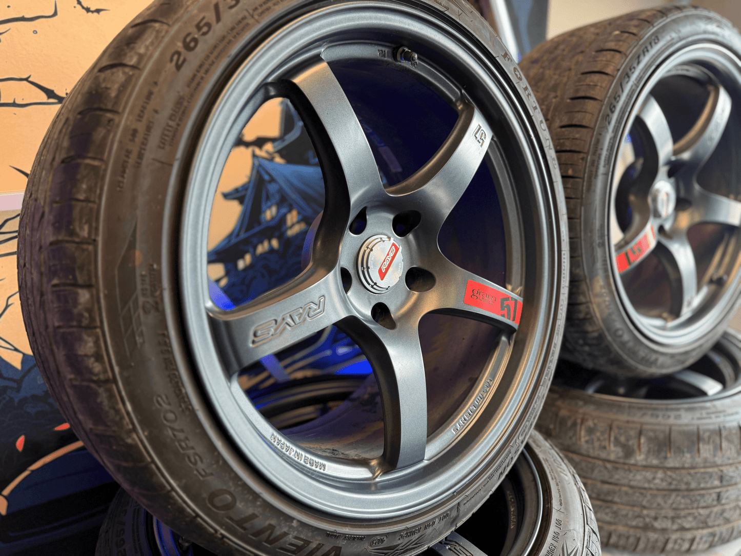 RAYS gramlights gram lights forged wheels & tires Subaru STi 5x114 18x9.5 +22 w/ 265/35zr18 tires