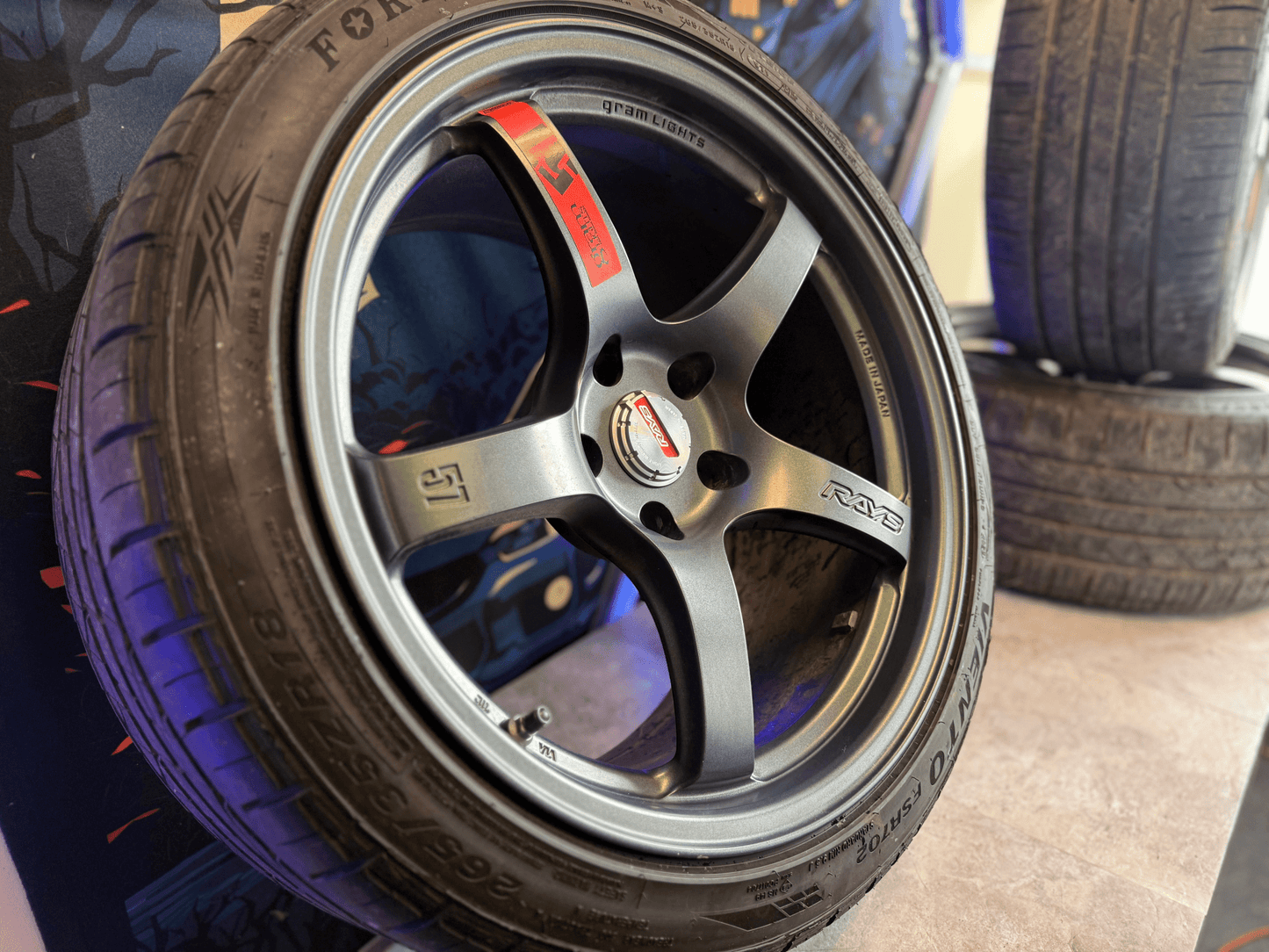 RAYS gramlights gram lights forged wheels & tires Subaru STi 5x114 18x9.5 +22 w/ 265/35zr18 tires