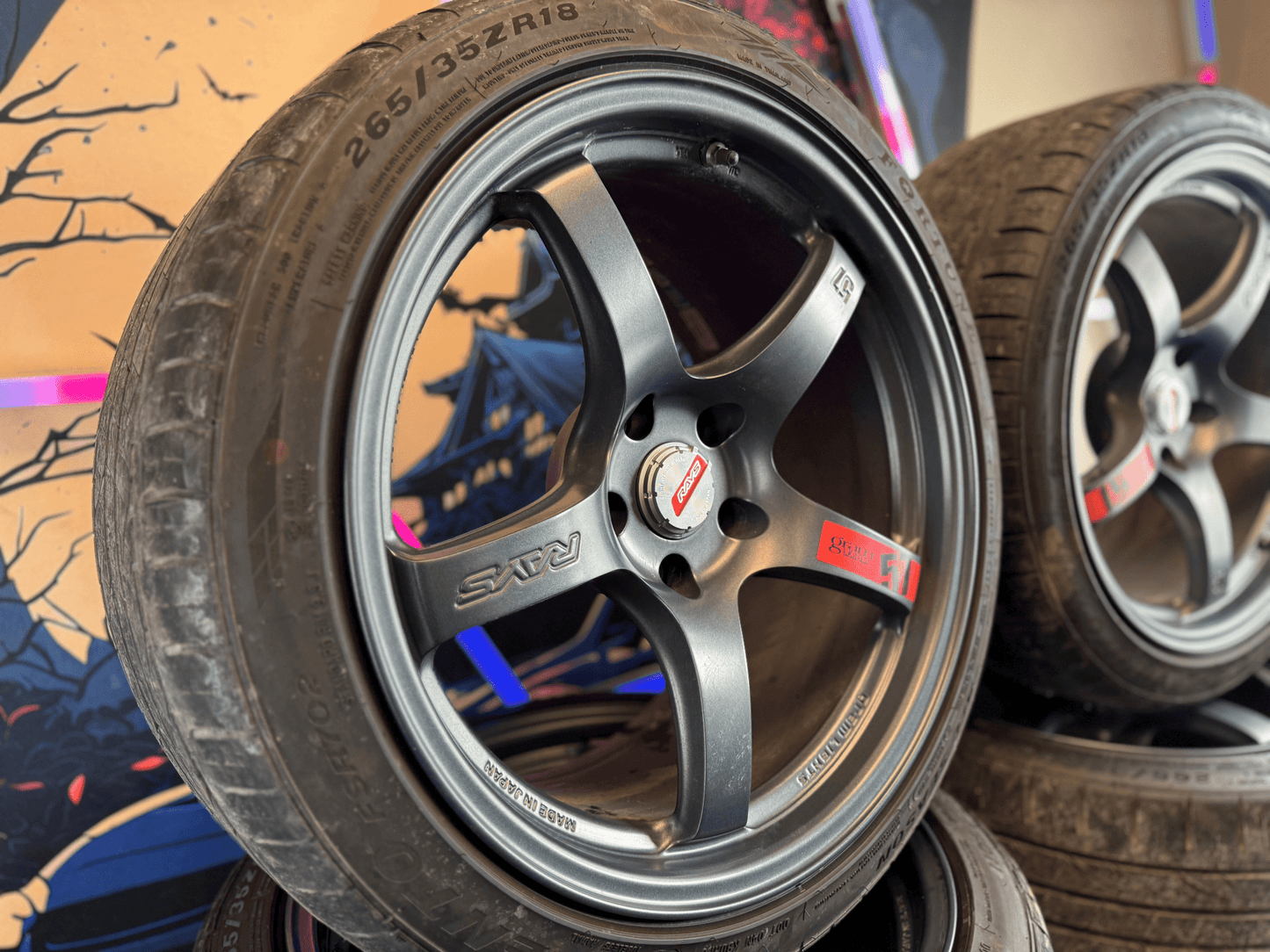 RAYS gramlights gram lights forged wheels & tires Subaru STi 5x114 18x9.5 +22 w/ 265/35zr18 tires