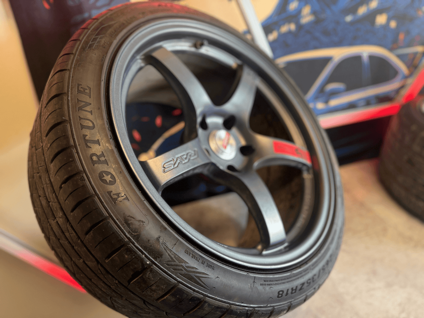 RAYS gramlights gram lights forged wheels & tires Subaru STi 5x114 18x9.5 +22 w/ 265/35zr18 tires