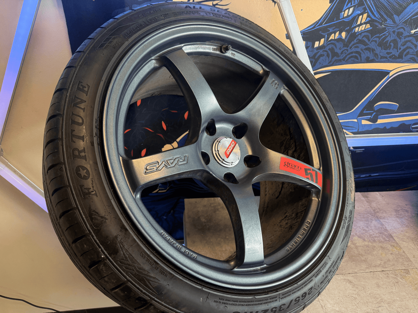 RAYS gramlights gram lights forged wheels & tires Subaru STi 5x114 18x9.5 +22 w/ 265/35zr18 tires