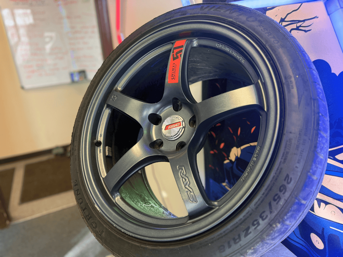 RAYS gramlights gram lights forged wheels & tires Subaru STi 5x114 18x9.5 +22 w/ 265/35zr18 tires