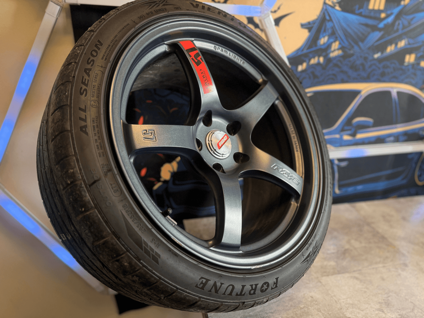 RAYS gramlights gram lights forged wheels & tires Subaru STi 5x114 18x9.5 +22 w/ 265/35zr18 tires