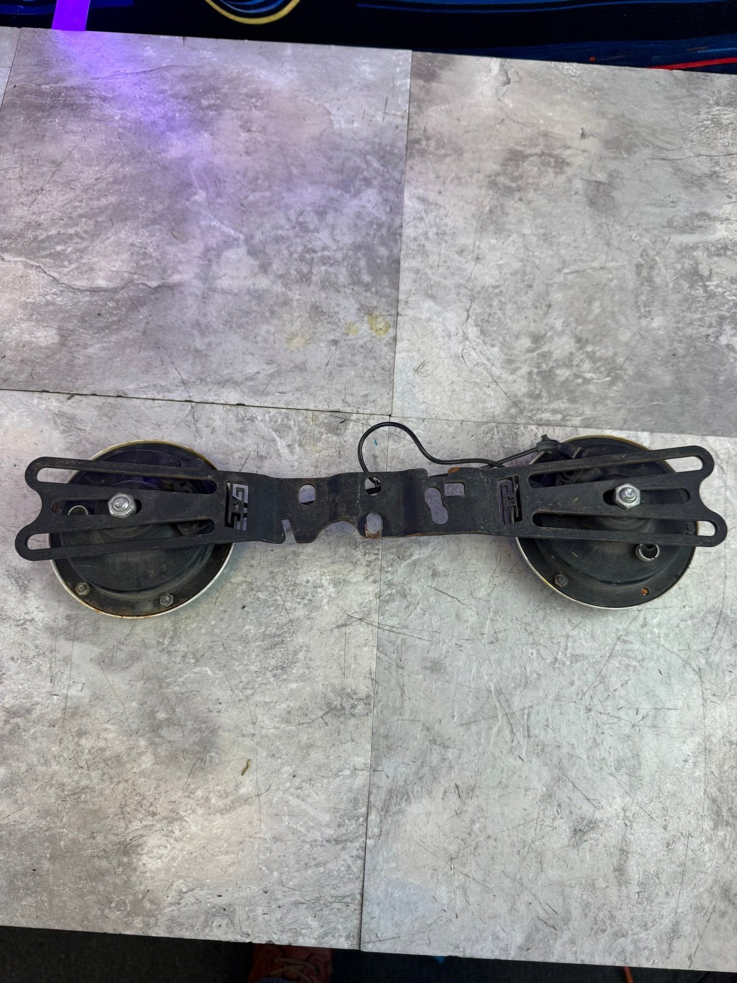 2002-2021 Subaru WRX STi White And Blue Hella Horns With GrimmSpeed Bracket / N2