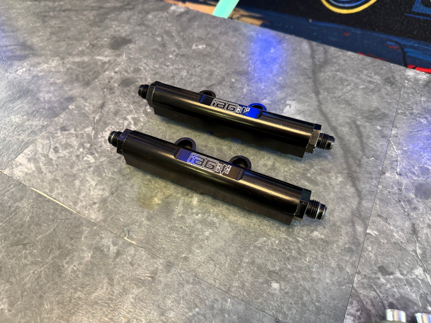IAG v2 billet black Subaru STi & wrx top feed fuel rails & fittings w/ spacers and bolts