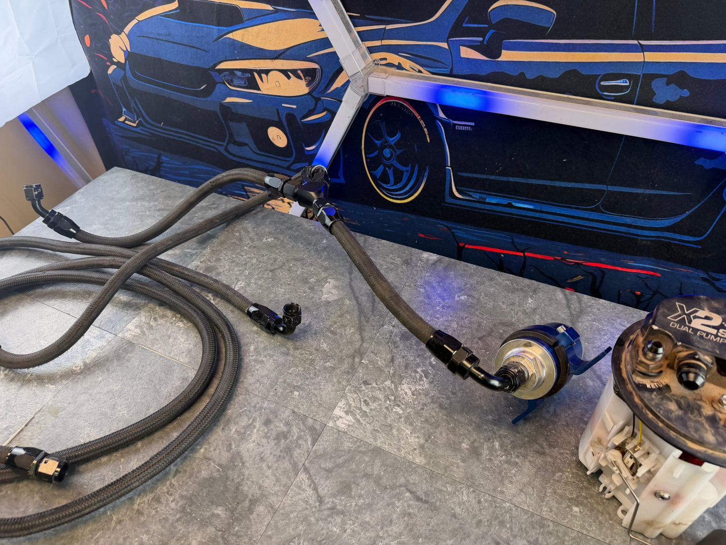 DW deatschwerks twin fuel pump kit 2008 + Subaru STi w/ hanger & dual 420 LPH pumps & feed / return lines