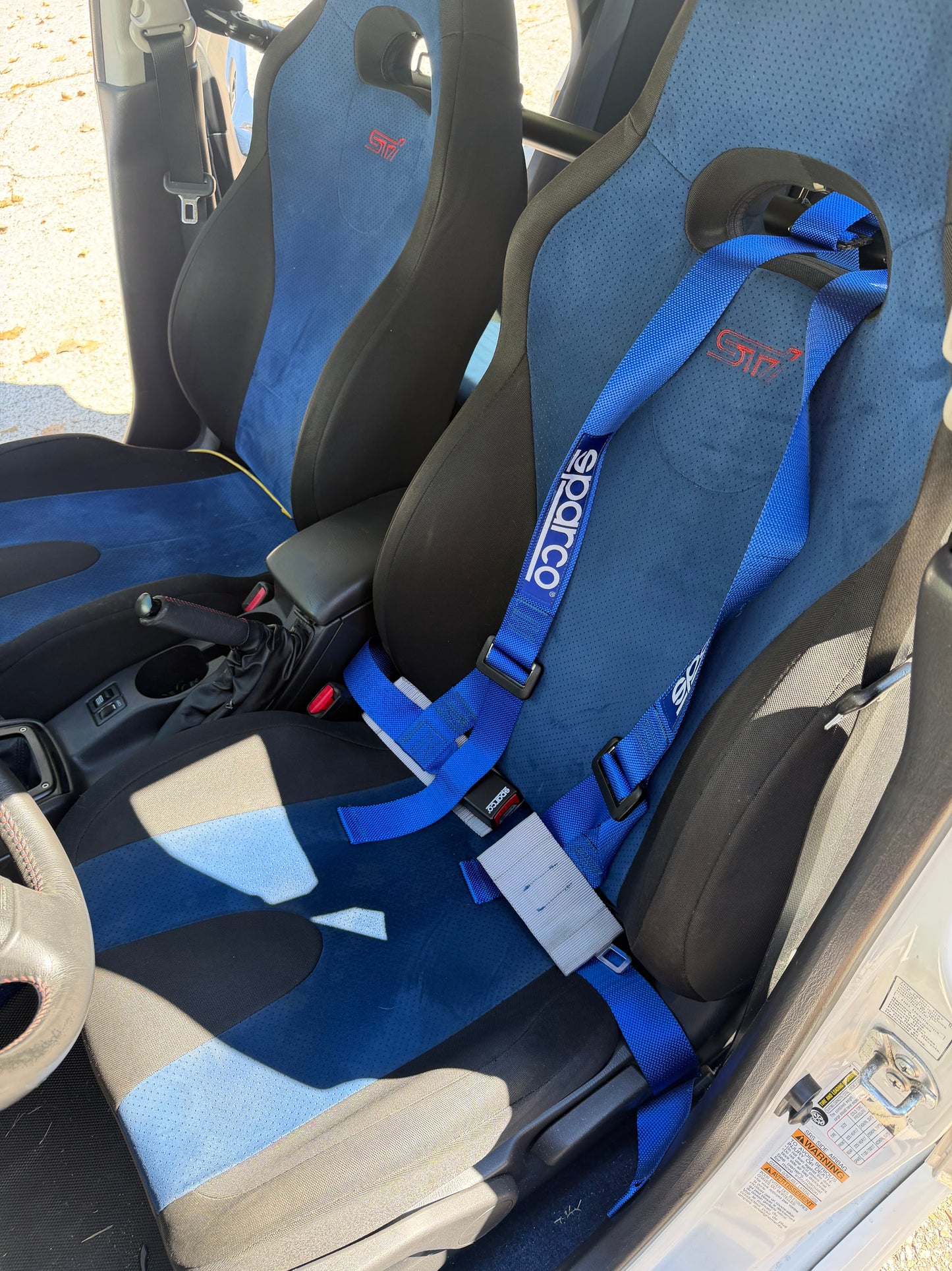 JDM STi v8 blue oem Subaru wrx blobeye Alcantara front seats w/ (1) Sparco harness & harness bar