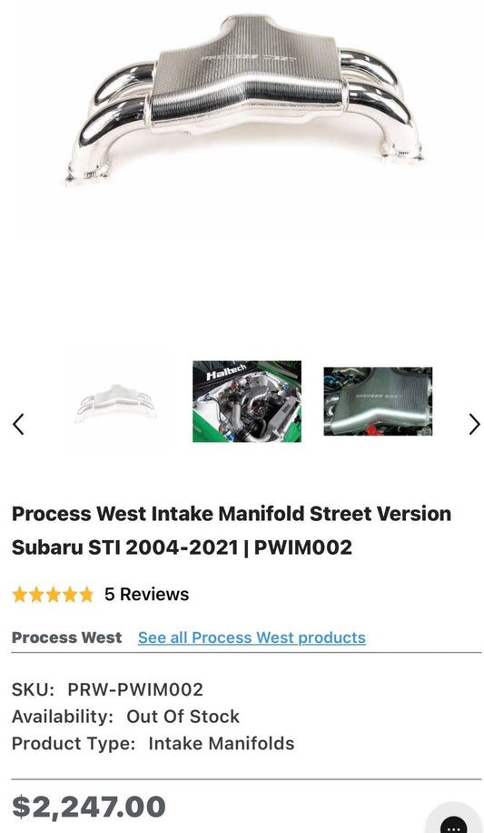 Process west billet street intake manifold Subaru STi & wrx dbw ej257 ( same as Corsa veloce “ stradale “)