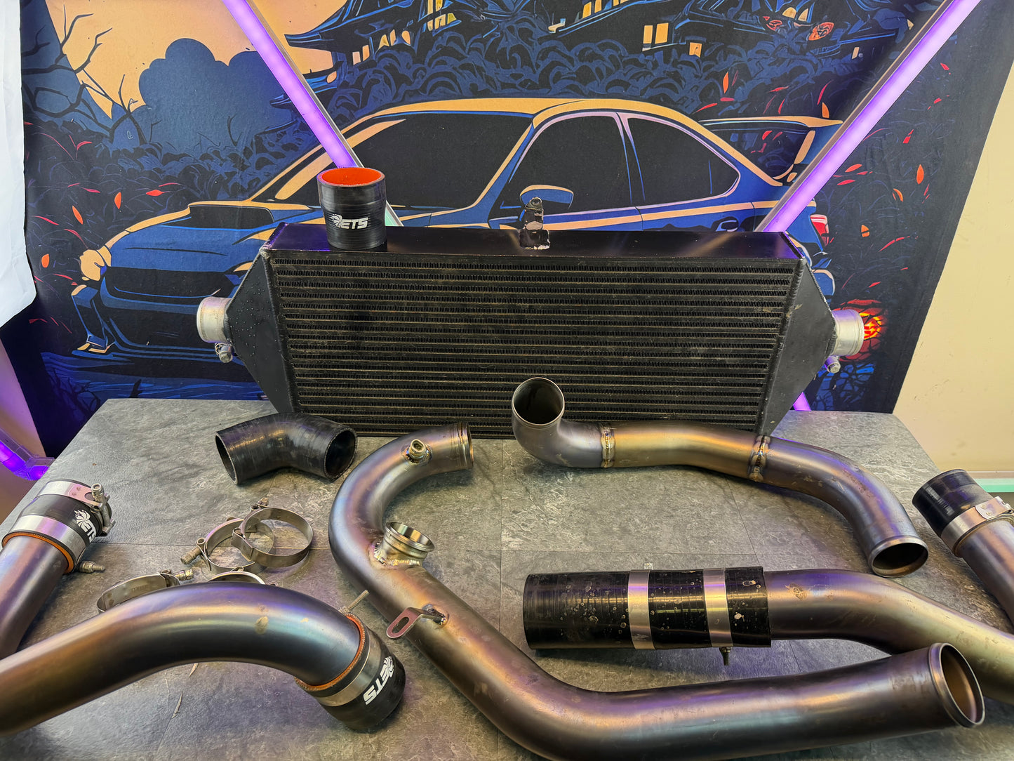ETS fmic kit 15-21 Subaru STi black 3.5” core extreme turbo systems FRONT MOUNT INTERCOOLER w/ burnt titanium pipes for ROTATED turbo