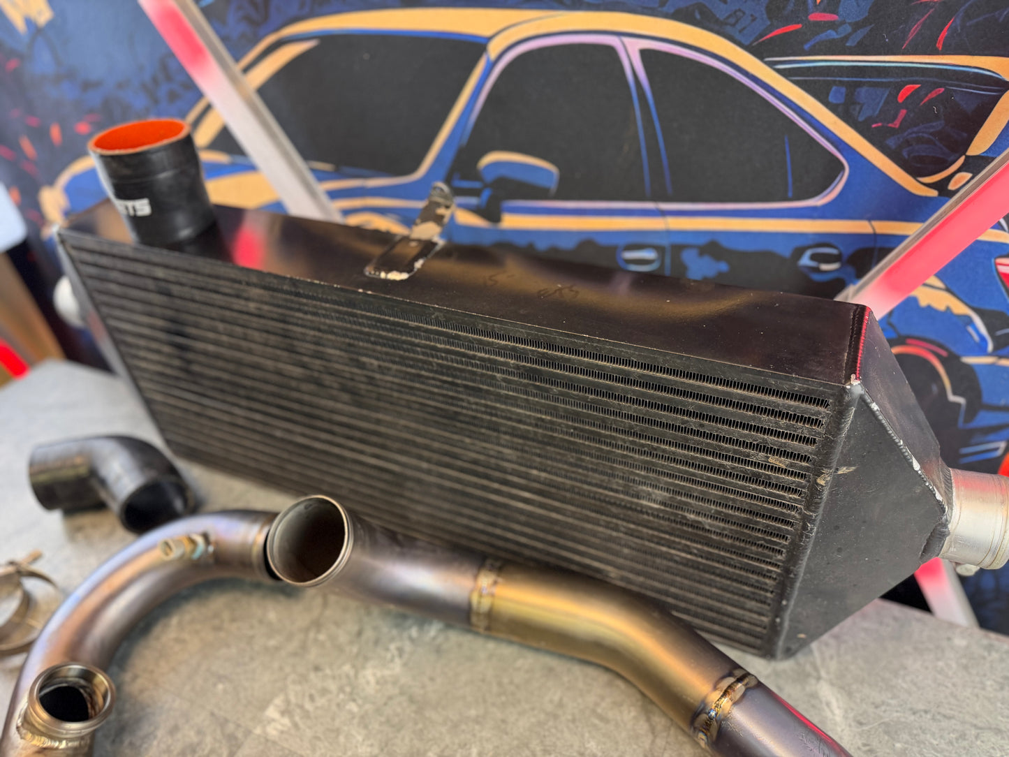 ETS fmic kit 15-21 Subaru STi black 3.5” core extreme turbo systems FRONT MOUNT INTERCOOLER w/ burnt titanium pipes for ROTATED turbo