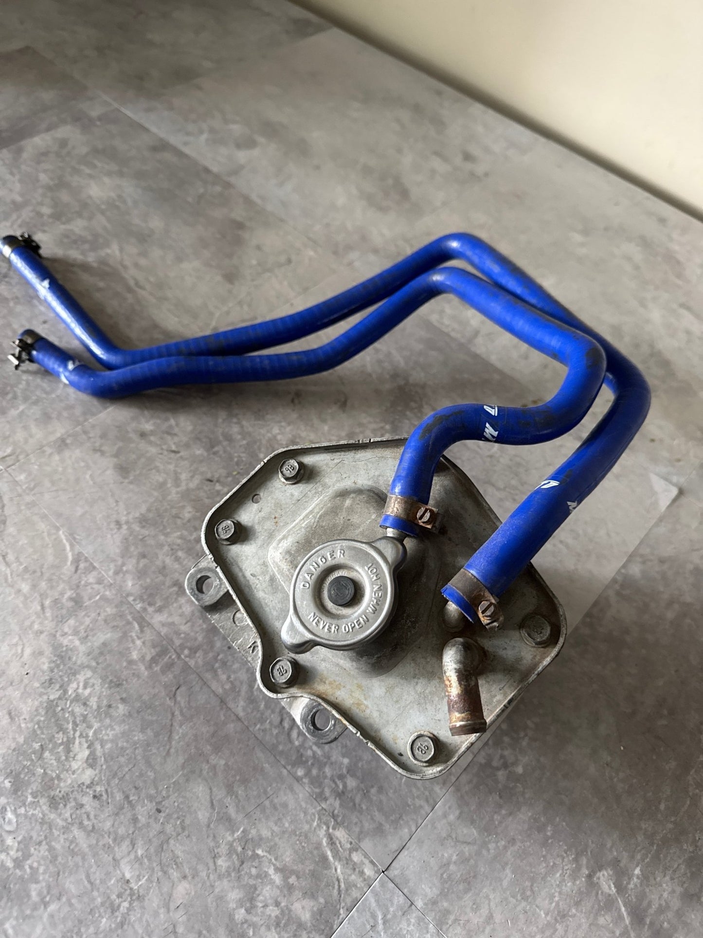 2002-2005 Subaru Impreza WRX STi Metal Coolant Reservoir Expansion Tank OEM w/ 2 Mishimoto Ancillary Hoses