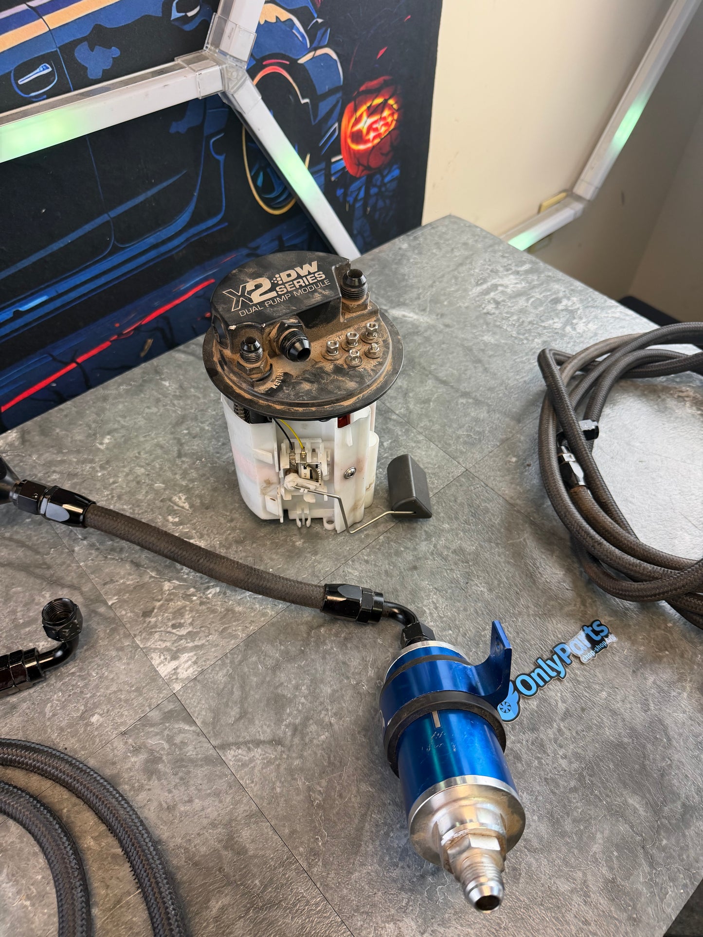 DW deatschwerks twin fuel pump kit 2008 + Subaru STi w/ hanger & dual 420 LPH pumps & feed / return lines