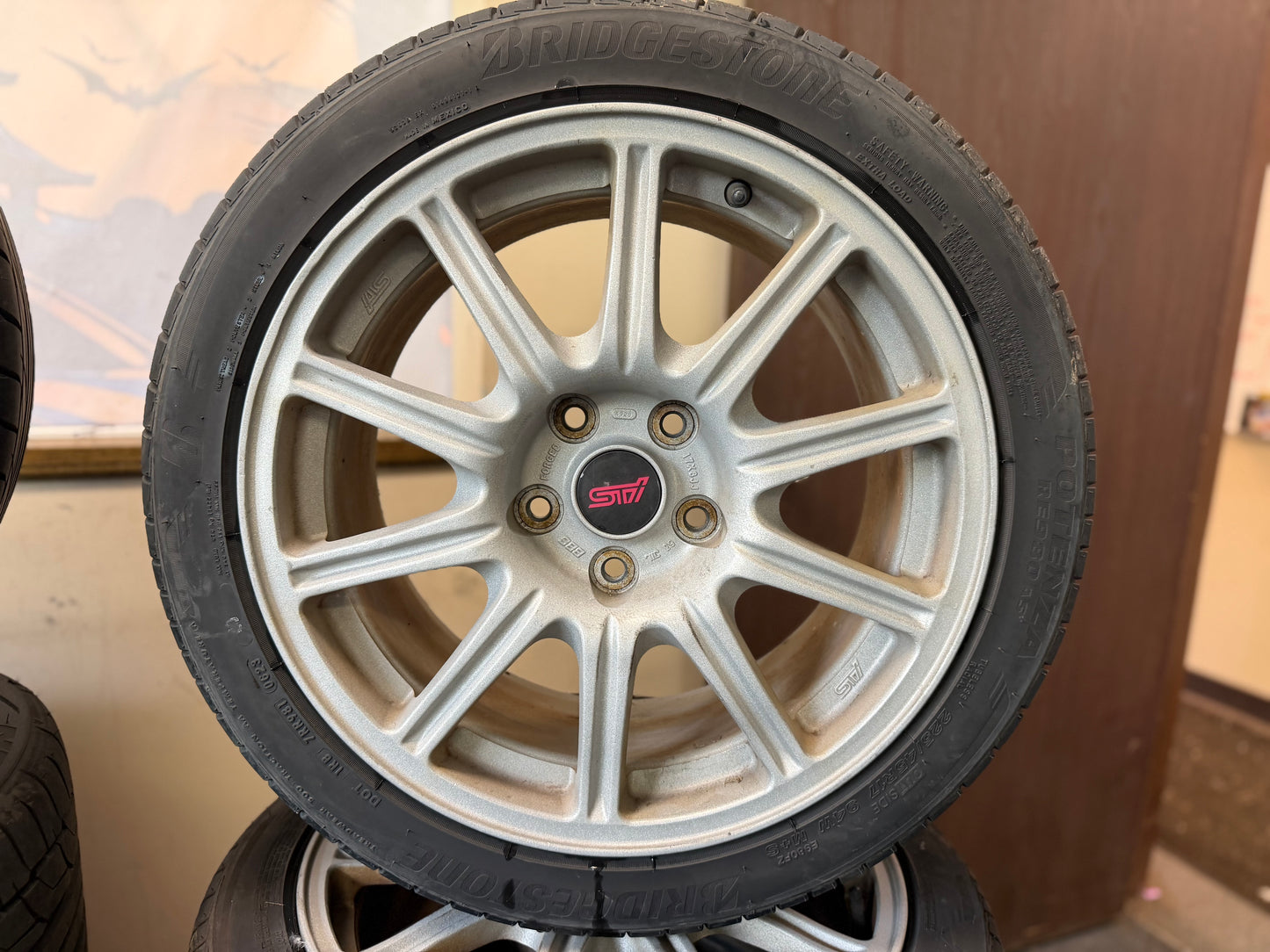 OEM Subaru STi BBS wheels forged 17x8 +53 5x114 w/ 225/45r17 Bridgestone potenza tires wrx