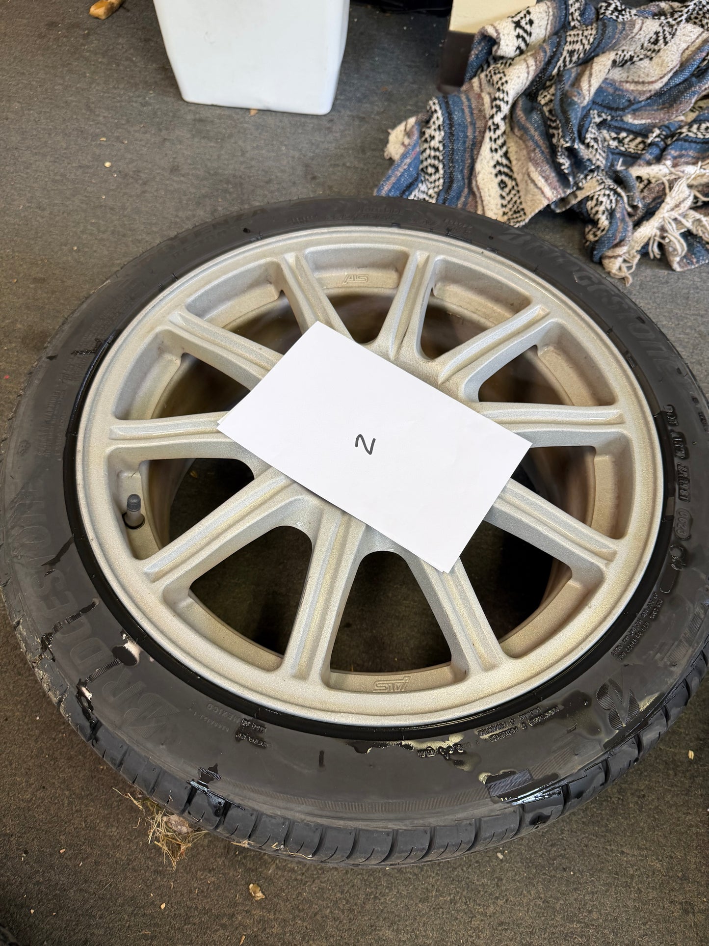 OEM Subaru STi BBS wheels forged 17x8 +53 5x114 w/ 225/45r17 Bridgestone potenza tires wrx
