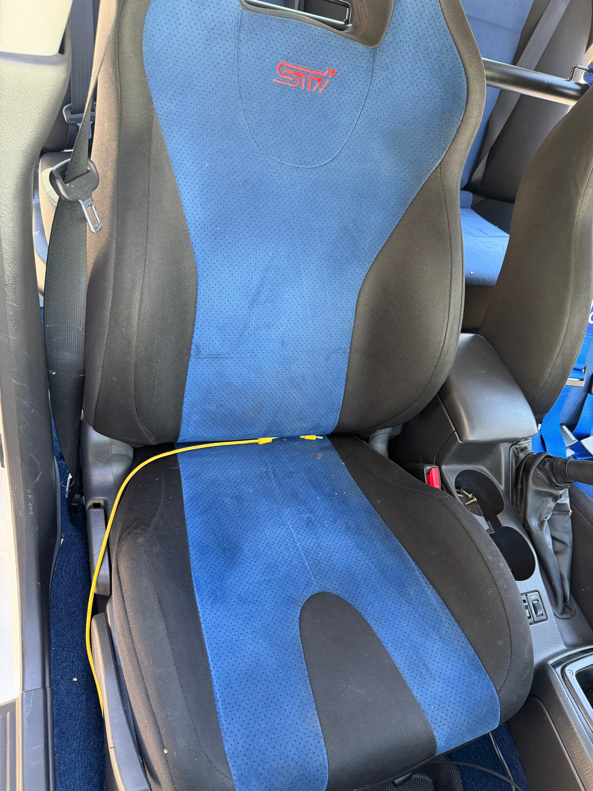 JDM STi v8 blue oem Subaru wrx blobeye Alcantara front seats w/ (1) Sparco harness & harness bar