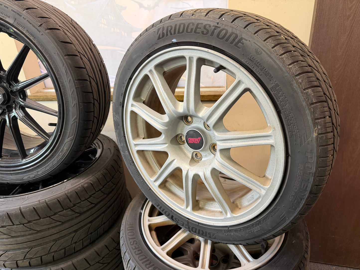OEM Subaru STi BBS wheels forged 17x8 +53 5x114 w/ 225/45r17 Bridgestone potenza tires wrx