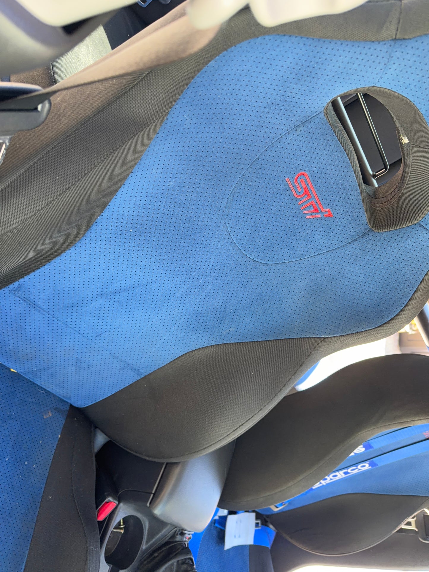 JDM STi v8 blue oem Subaru wrx blobeye Alcantara front seats w/ (1) Sparco harness & harness bar