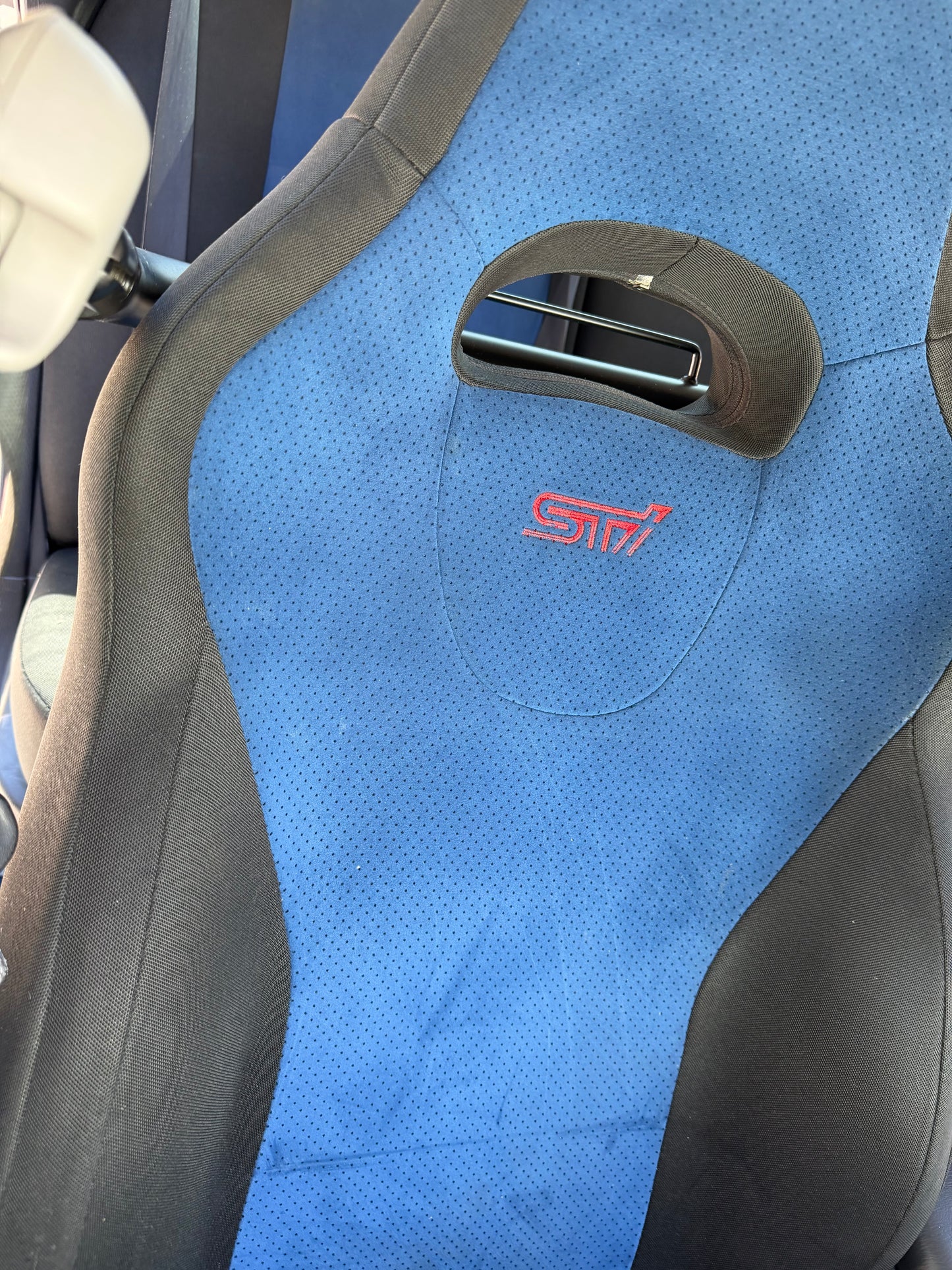JDM STi v8 blue oem Subaru wrx blobeye Alcantara front seats w/ (1) Sparco harness & harness bar