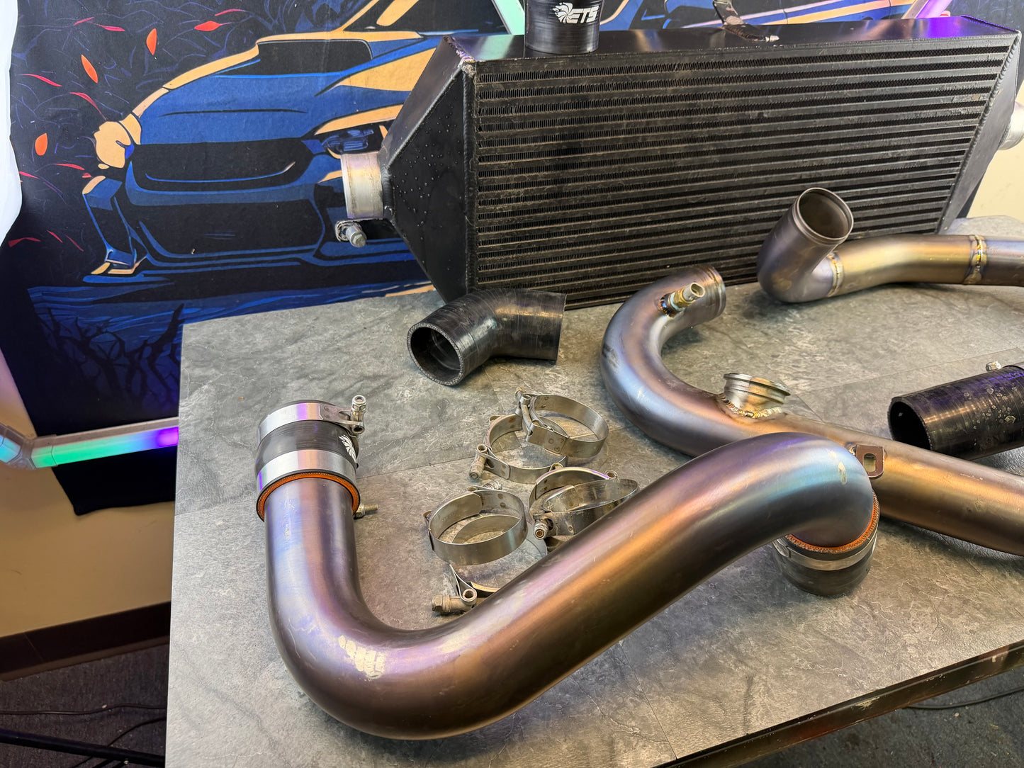 ETS fmic kit 15-21 Subaru STi black 3.5” core extreme turbo systems FRONT MOUNT INTERCOOLER w/ burnt titanium pipes for ROTATED turbo