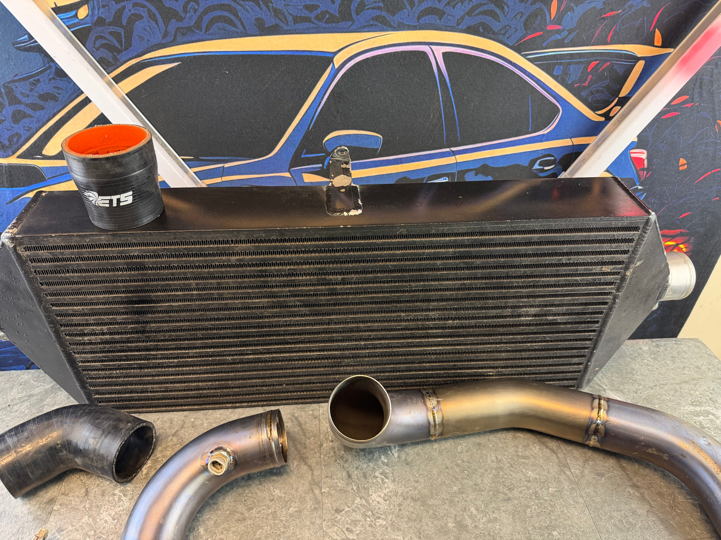 ETS fmic kit 15-21 Subaru STi black 3.5” core extreme turbo systems FRONT MOUNT INTERCOOLER w/ burnt titanium pipes for ROTATED turbo