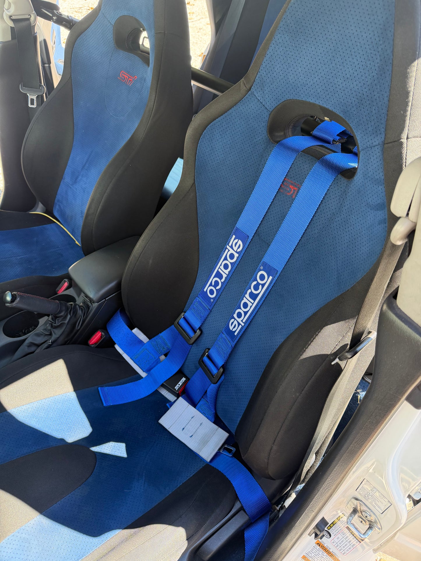 JDM STi v8 blue oem Subaru wrx blobeye Alcantara front seats w/ (1) Sparco harness & harness bar